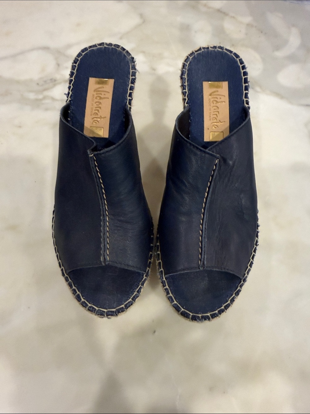Vidorreta Navy Leather Espadrille Slide Mules